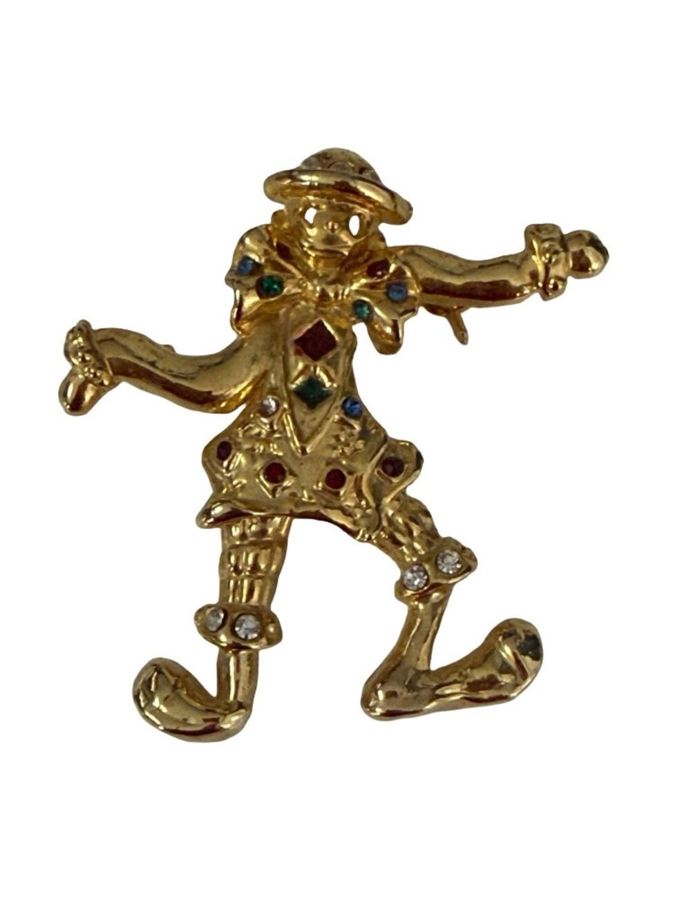 Vintage Dancing Clown Brooch Gold Tone Multicolor Rhinestone Jester Pin 2"